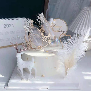 皇冠蛋糕装饰 女神女王生日烘焙蛋糕装扮 网纱珍珠皇冠羽毛配件