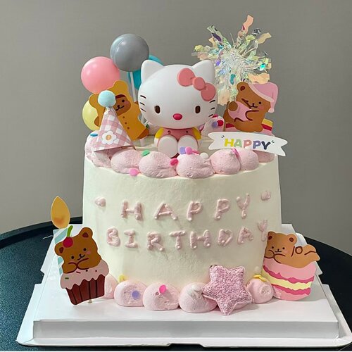 Hello Kitty卡通生日蛋糕粉色可爱KT猫女生女孩生日烘焙插牌插件