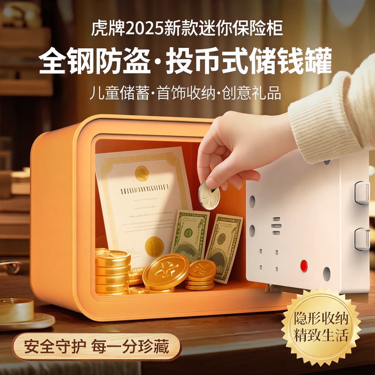 虎牌保险箱儿童存钱罐2026新款小型迷你密码锁储钱箱投币式全钢防盗高颜值女孩生日创意礼品收纳箱隐藏保管箱