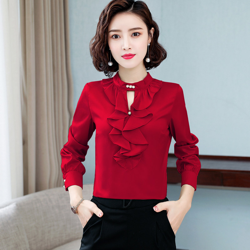 荷叶边衬衫女长袖2020秋冬新款韩版洋气百搭外穿立领雪纺气质上衣