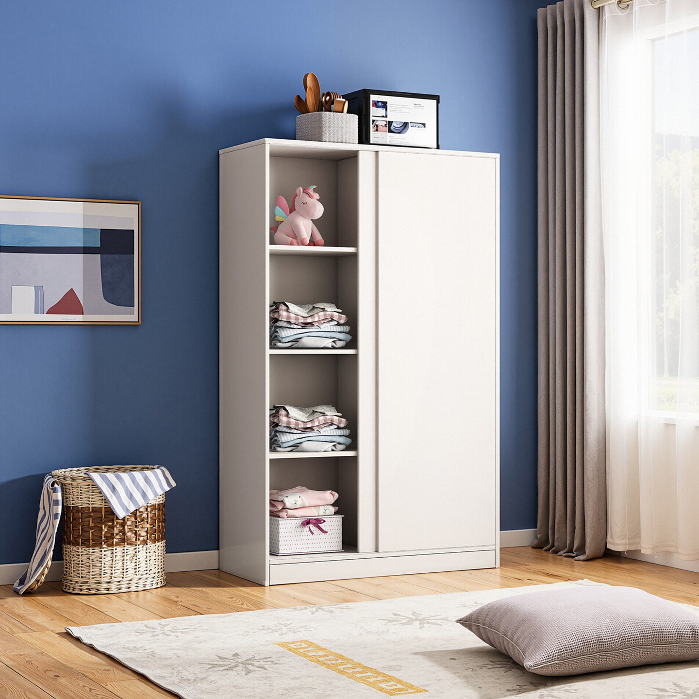 儿童衣柜实木卧室家用推拉门小户型出租房用移门简易储物滑门柜子