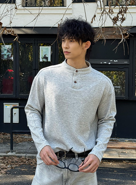 TF 极简风亨利领长袖T恤男浅灰色重磅内搭打底衫简约穿搭