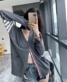 细支美利奴丝光羊毛经典 四杠五扣V领针织薄款 开衫 男女情侣同款