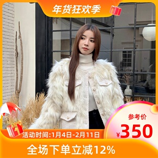 MKManley千金风上衣小香风拼接皮草外套棉服女秋冬毛绒短款外套