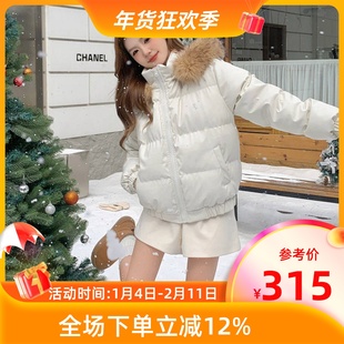 MKManley原创毛领连帽pu皮羽绒服简约百搭外套高级感短款保暖大衣