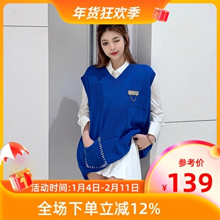 MKManley克莱因蓝格子大口袋设计男女情侣针织衫马甲宽松外搭潮牌