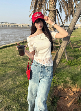 MKManley针织拼接蕾丝小众短袖斜肩收腰芭蕾风T恤女设计感女夏