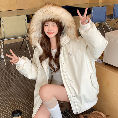 新款pu皮羽绒服中长款派克服