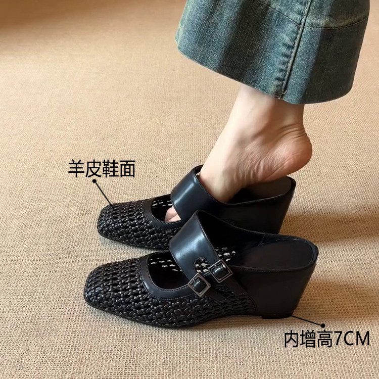 羊皮款小个子内增高包头鞋