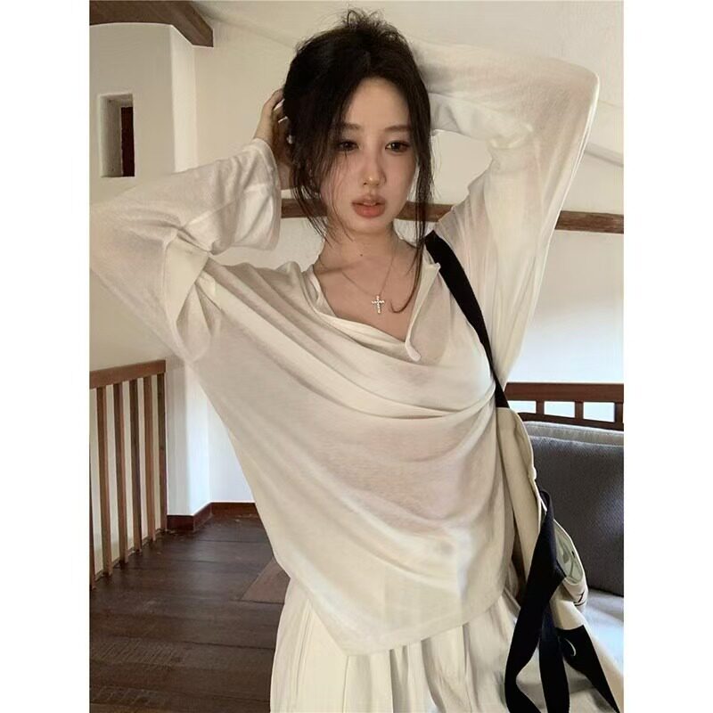 透视薄款V领长袖T恤女春季20时尚防晒服