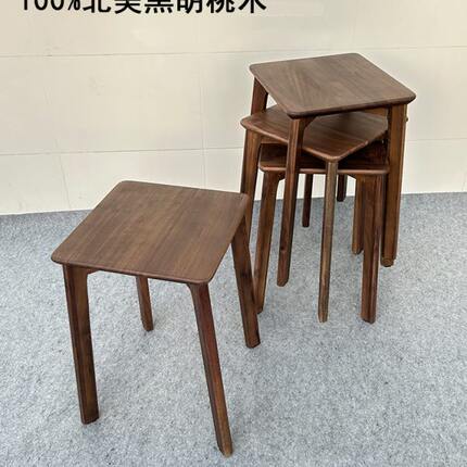 北美黑胡桃木实木餐桌凳子家用客厅轻奢餐凳可叠放餐椅高板凳方凳