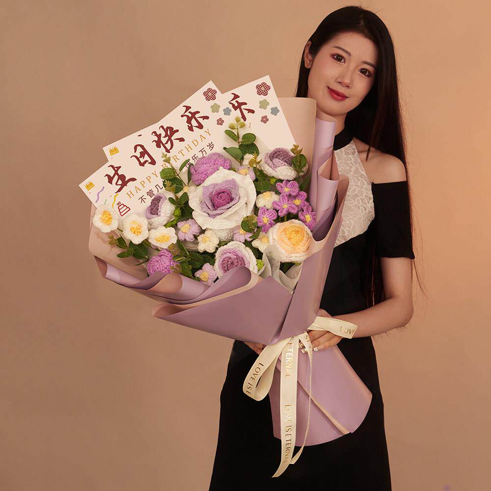 生日礼物彷真花手工编织毛线针织花束泰国玫瑰送女友闺蜜妈妈礼品
