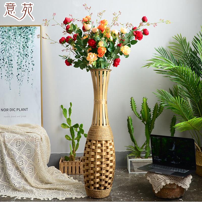 售楼大厅轻奢细长竹编落地插花摆件客厅电视柜北欧样板间玄关花瓶