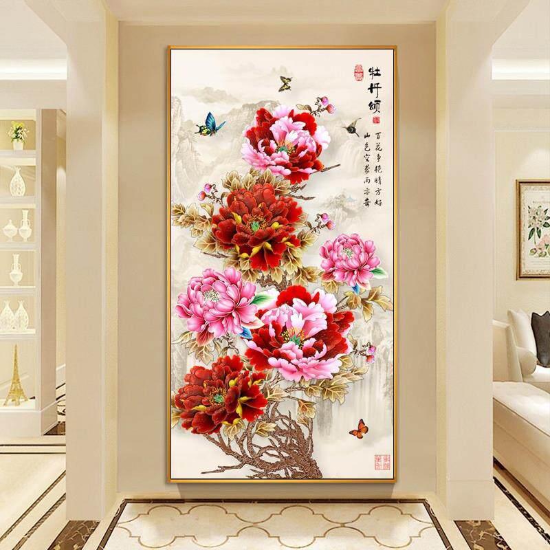 花开富贵牡丹装饰画新中式玄关走廊过道挂画餐厅壁画竖家和九鱼画