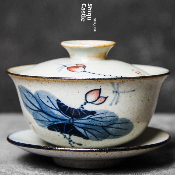 手绘覆古三彩盖碗中国传统茶碗手工粗陶茶具景德镇陶瓷泡茶器大