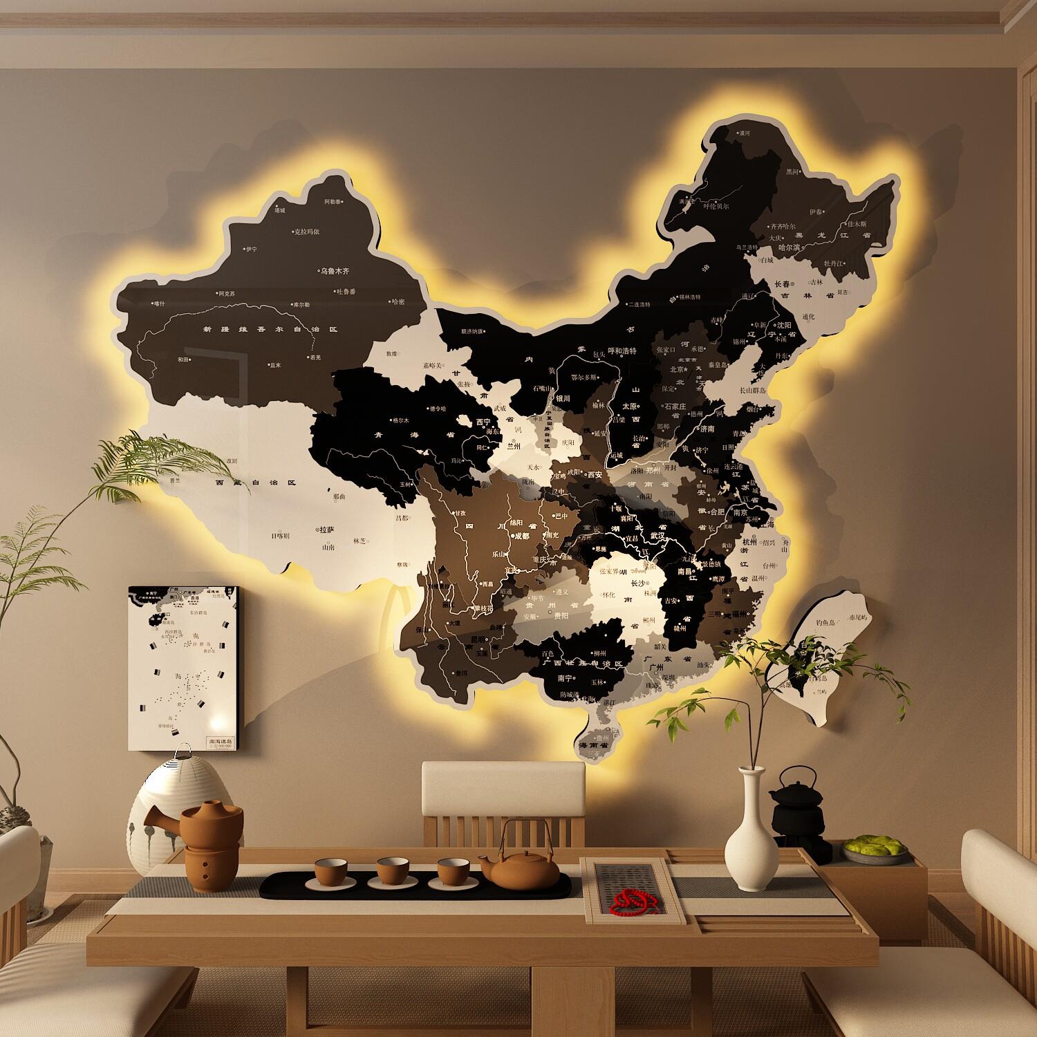 中国地图发光拼接墙面装饰画立体感LED灯光画办公室客厅艺术壁画