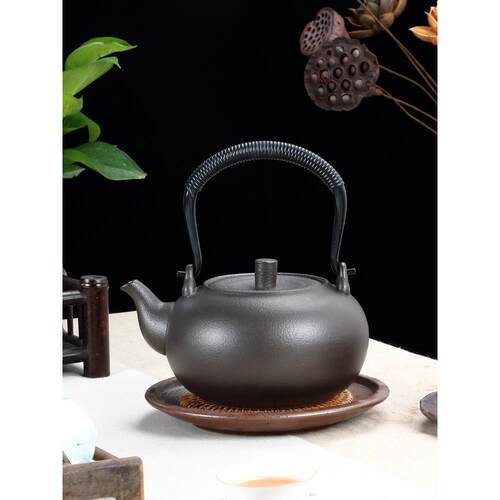 雅黑陶瓷提梁壶黑陶可明火单壶耐高温烧水壶家用电陶炉煮茶器陶壶
