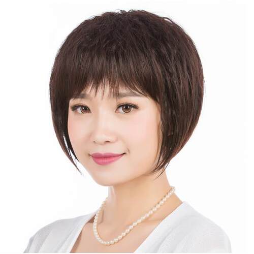 女士假发 真发中老年妈妈假发女蓬松BOBO头短卷发型 高温丝斜刘海