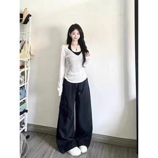 T恤上衣罩衫 白色防晒衣宽松辣妹长袖 内搭吊带背心女 两件套装 夏季