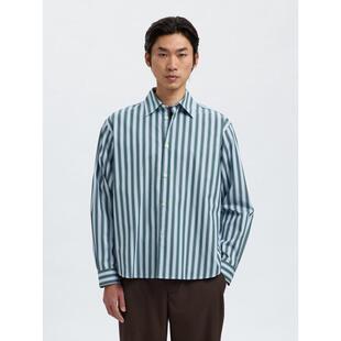 代购SELECTED思莱德男士衬衫透气抗皱条纹棉质商务通勤衬衣爆款