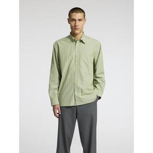 代购 衬衫 透气抗皱棉质条纹商务休闲衬衣爆款 SELECTED思莱德男士