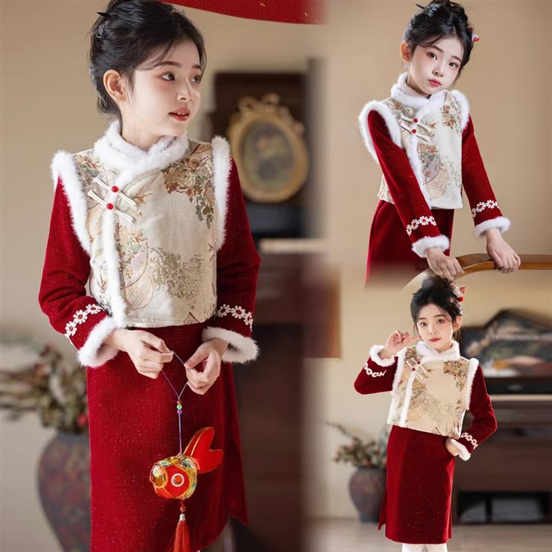 女童套装轻奢高级感中国风过年服冬天裙子2025新年衣服.旗袍战袍
