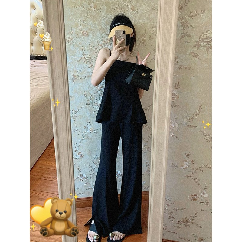 夏装搭配一整套黑色抹胸吊带背心上衣G开叉阔腿裤两件套装夏季女