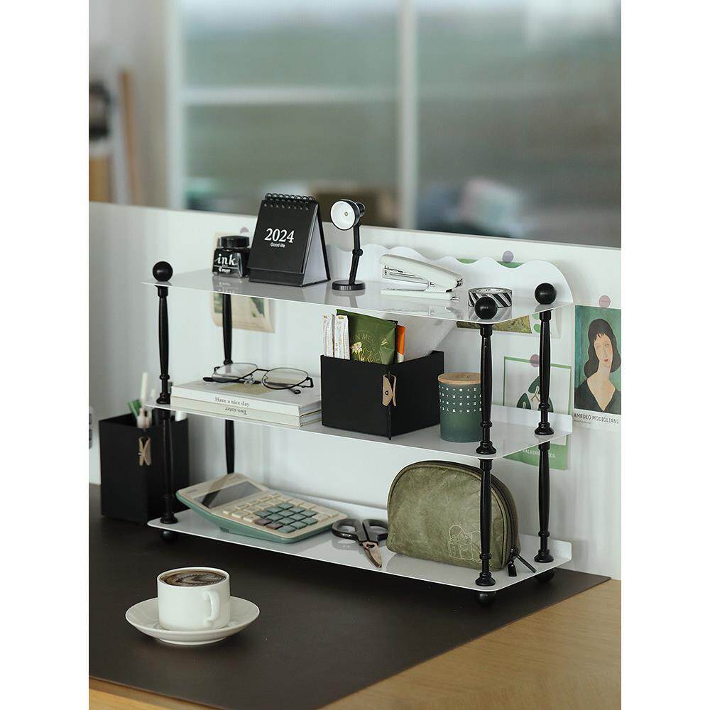 白色三层置物架 办公桌面收纳架 多层铁艺杯子架书房多功能整理架