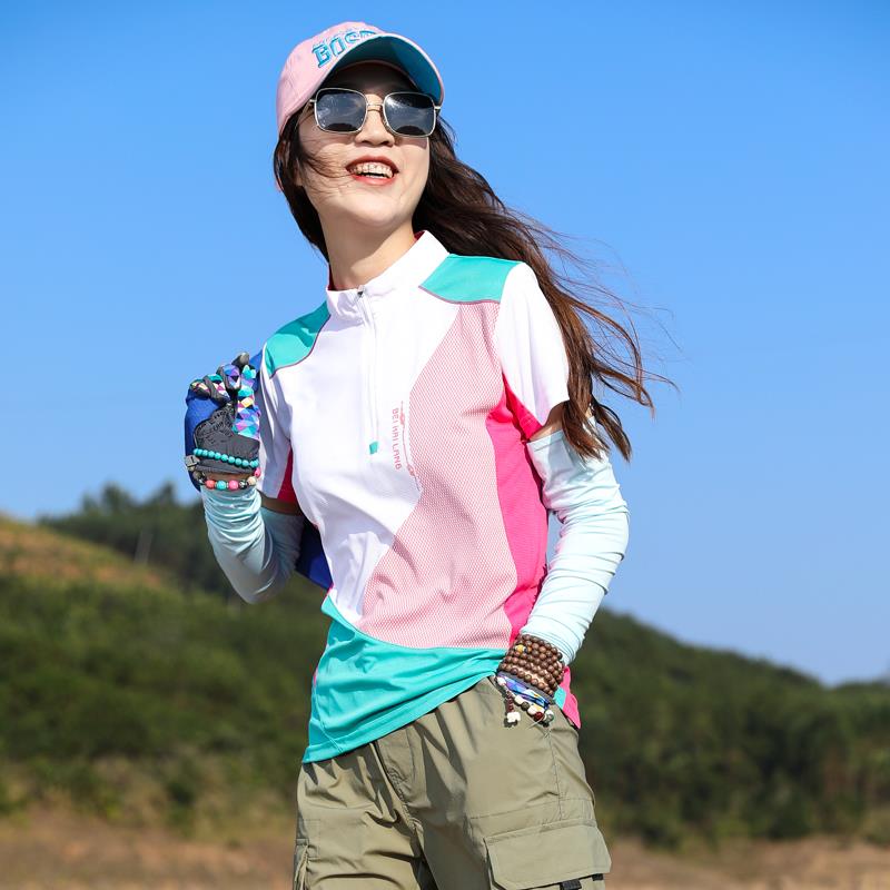 户外拼色速干衣女短袖T恤快干衣弹力修身显瘦运动吸汗透气登山夏