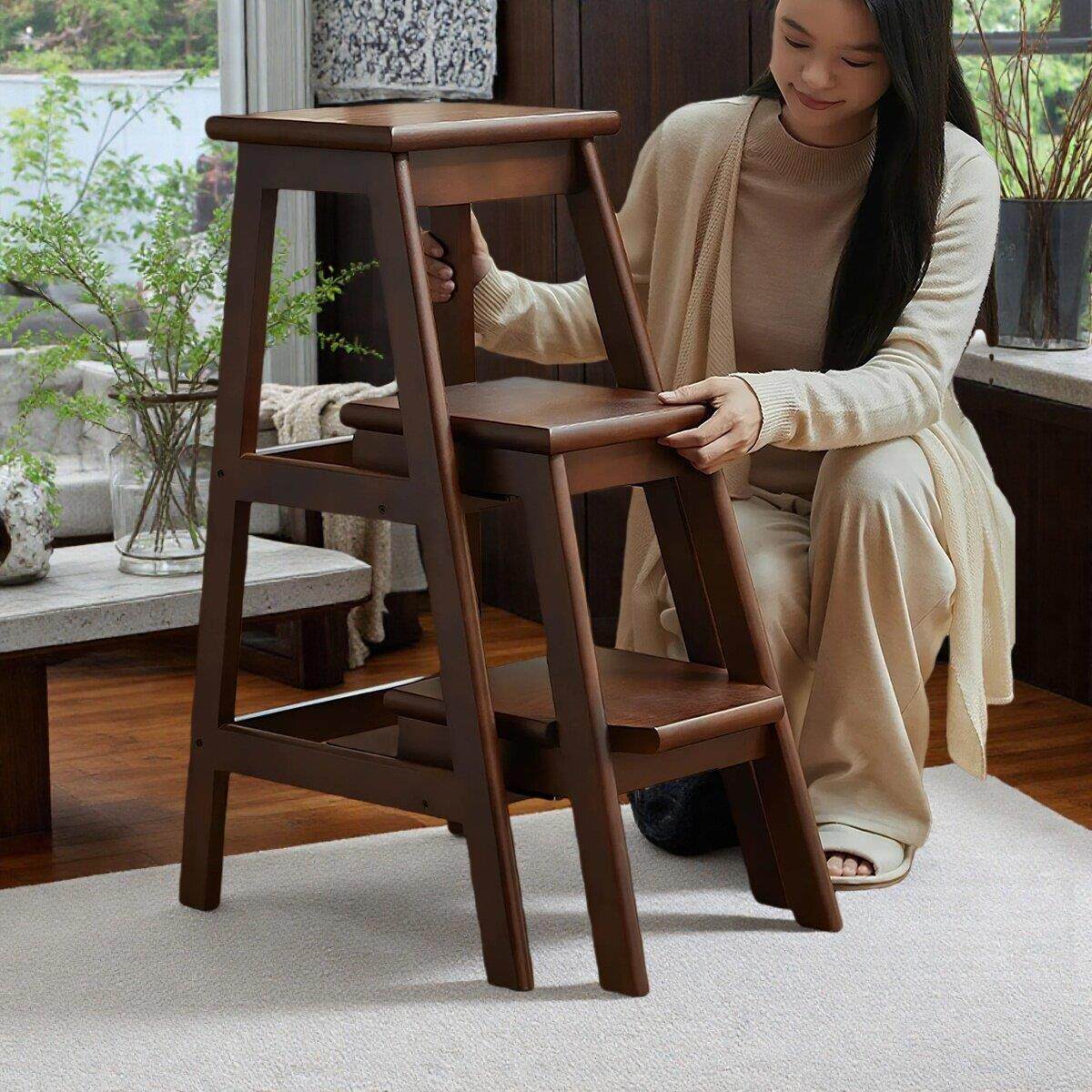 实木梯凳多功能家用厨房客厅登高三步梯小椅子置物架可摺叠梯凳