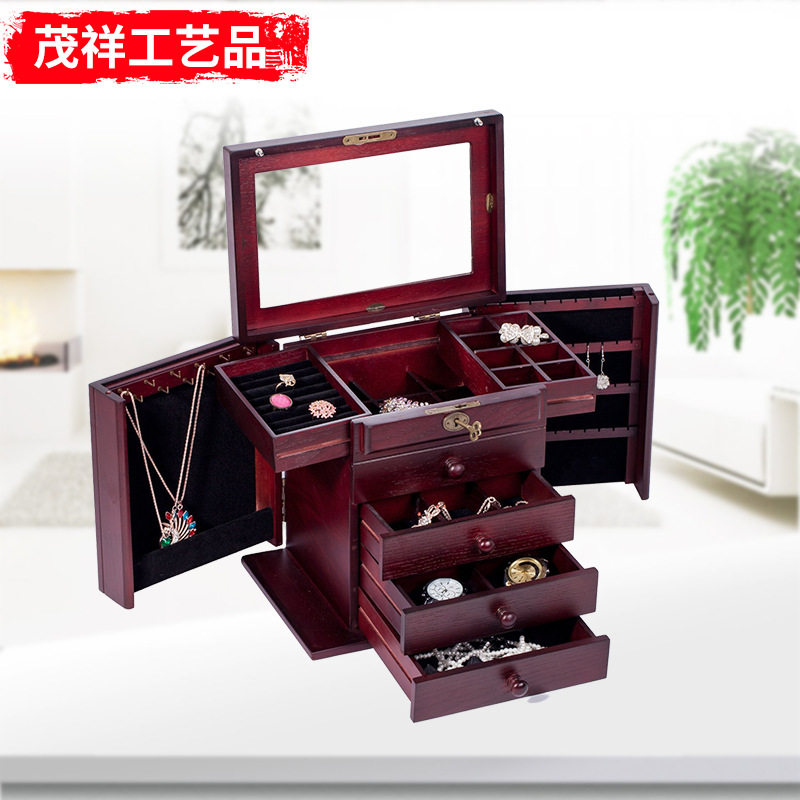 多层珠宝盒双开门白色带锁收纳盒 欧式实木首饰收纳盒结婚礼物