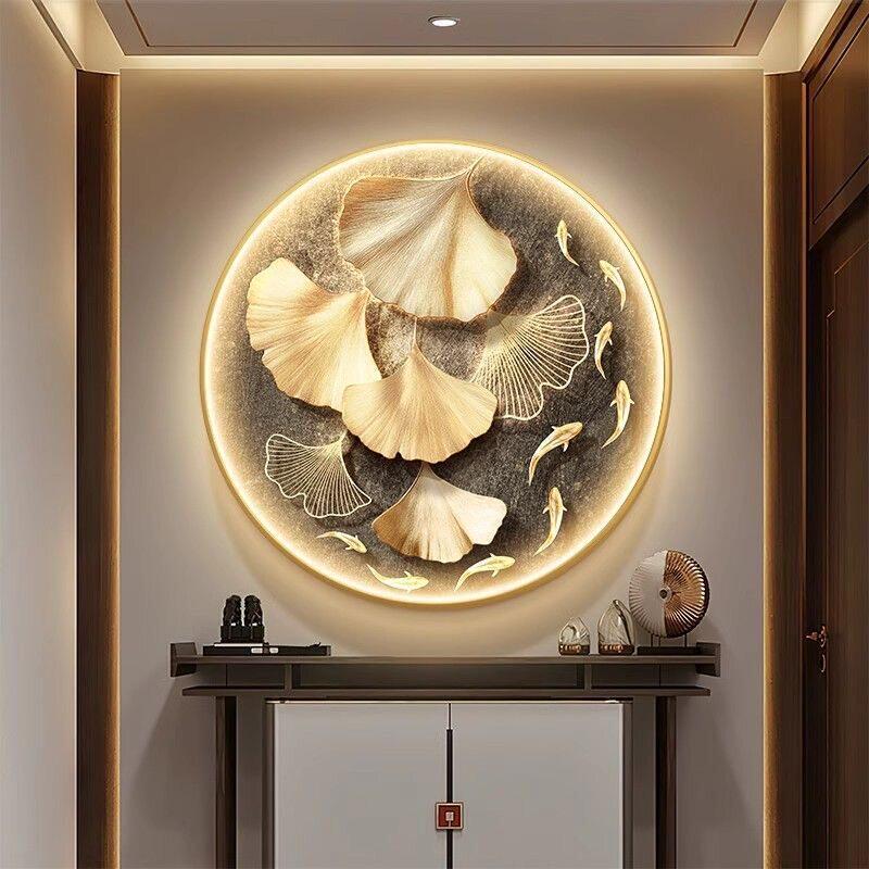 轻奢银杏叶玄关装饰画高级感聚财入户正对门挂画走廊斗柜圆形壁画图片