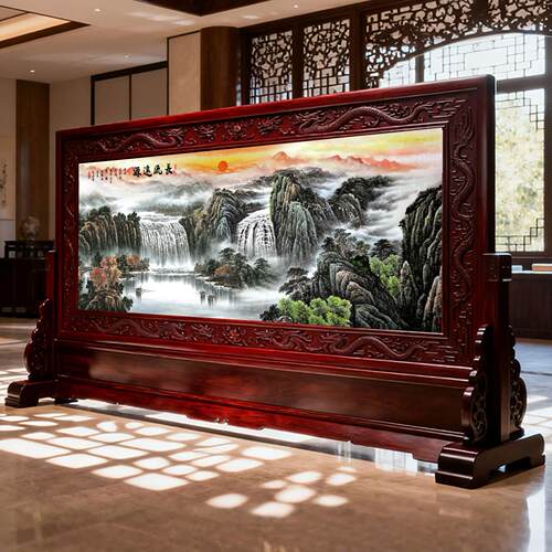新中式实木座屏山水画公司大厅办公室装饰屏风红木工艺雕花大屏风