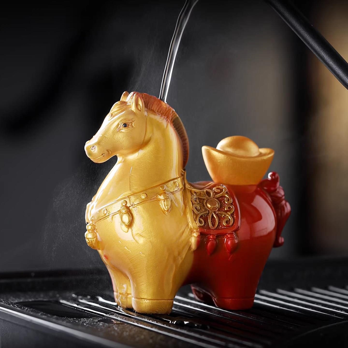 中式遇水变色茶宠高端可养唐马摆件招财寓意金骏茶玩桌面装饰品