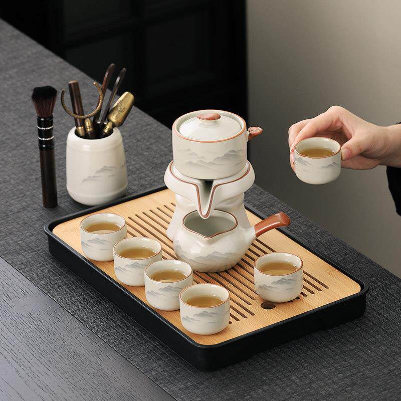 景德镇汝窑汝窑自动茶具套装石磨旋转出水功夫泡茶具家用办公室喝
