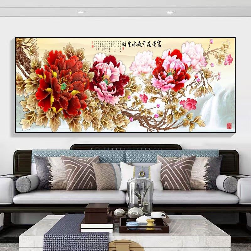 牡丹花开富贵客厅挂画新中式山水国画沙发背景墙壁流水生财装饰画