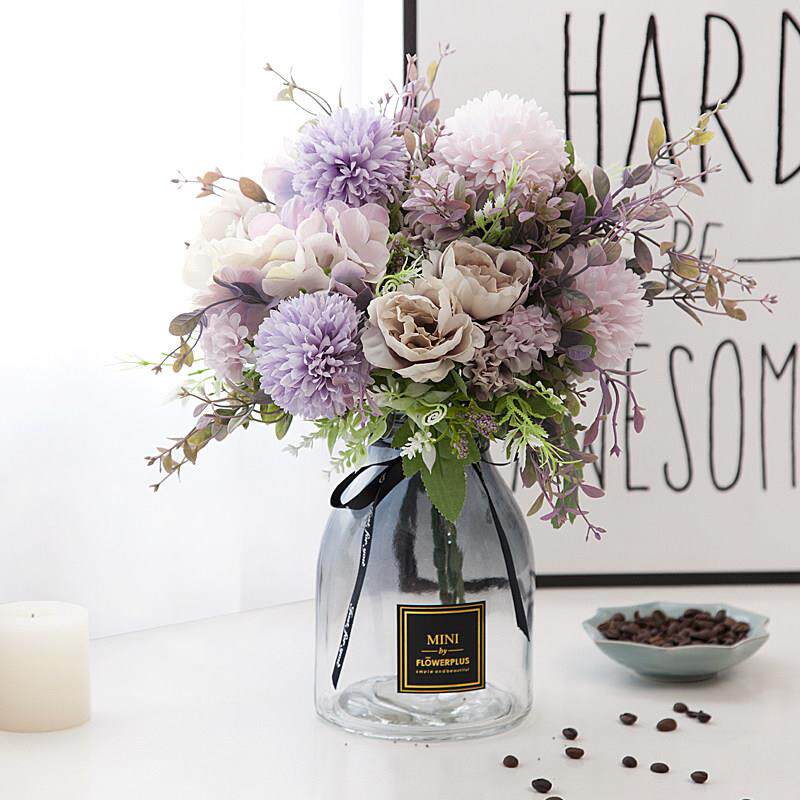 优雅治愈系彷真粉紫绣球牡丹花束高级档轻奢花艺客饭厅桌家居装饰