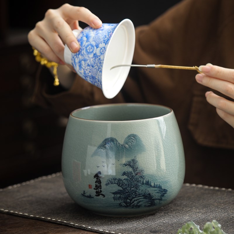 汝窑陶瓷简约家用复古水盂茶洗建水茶水缸茶桶功夫茶渣缸功夫茶盂