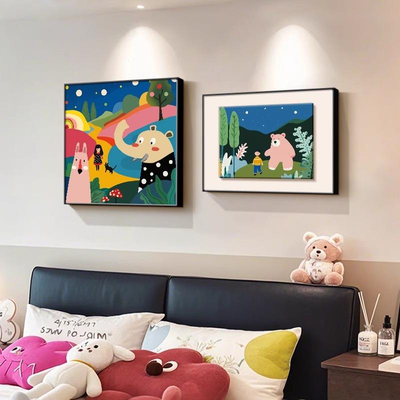 多巴胺儿童房间装饰画ins卡通动物主卧室床头挂画壁画高级感壁画