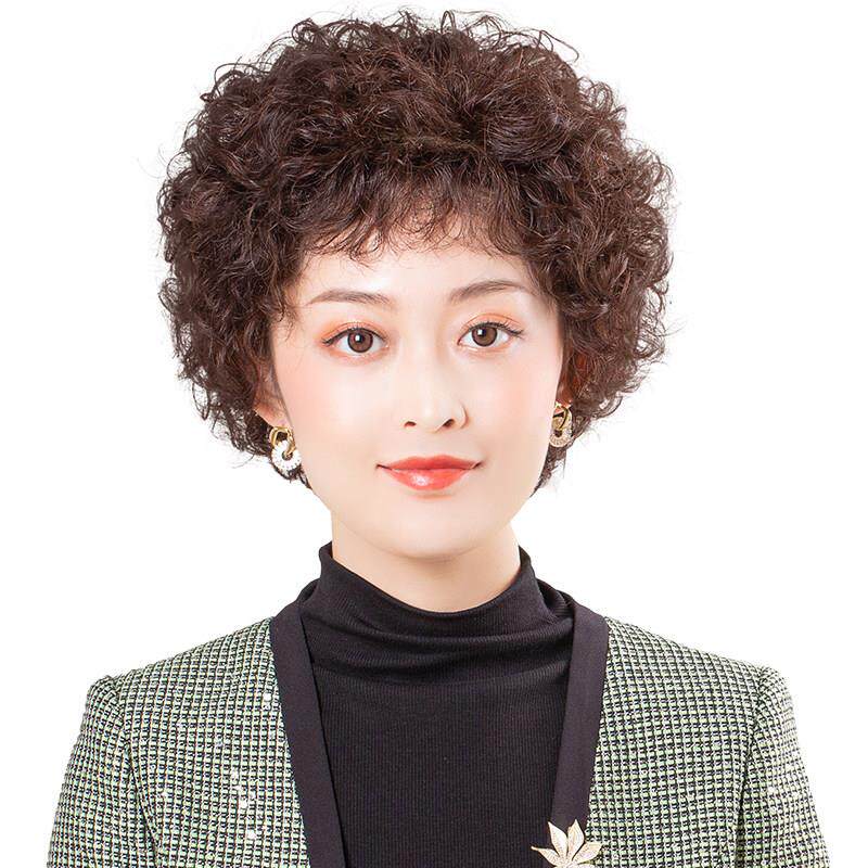 假发套女士轻薄中老年短卷发自然蓬松光头全真人发丝手织妈妈全头