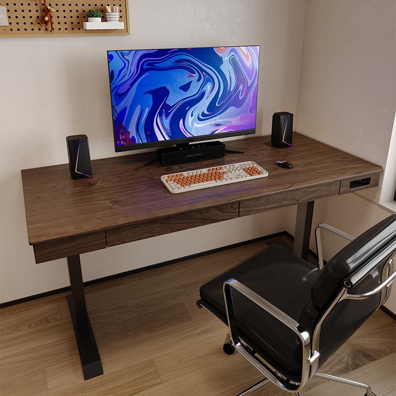 北美黑胡桃木电动实木双电机加带抽屉升降电脑办公工作台学生书桌