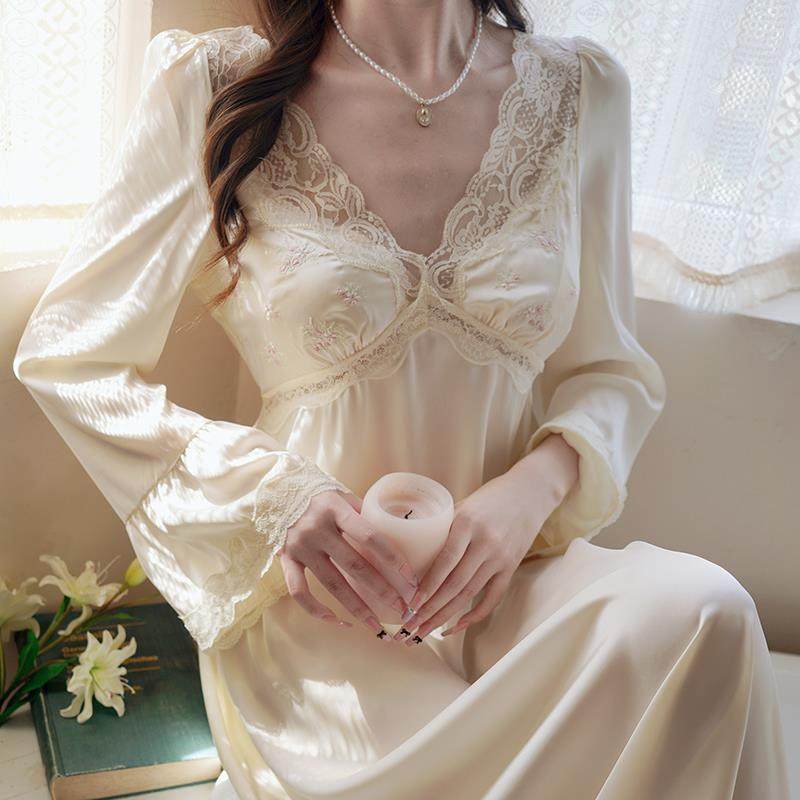 宫廷睡裙女款春夏季长袖法式公主风V领冰丝高级感睡衣长裙带胸垫