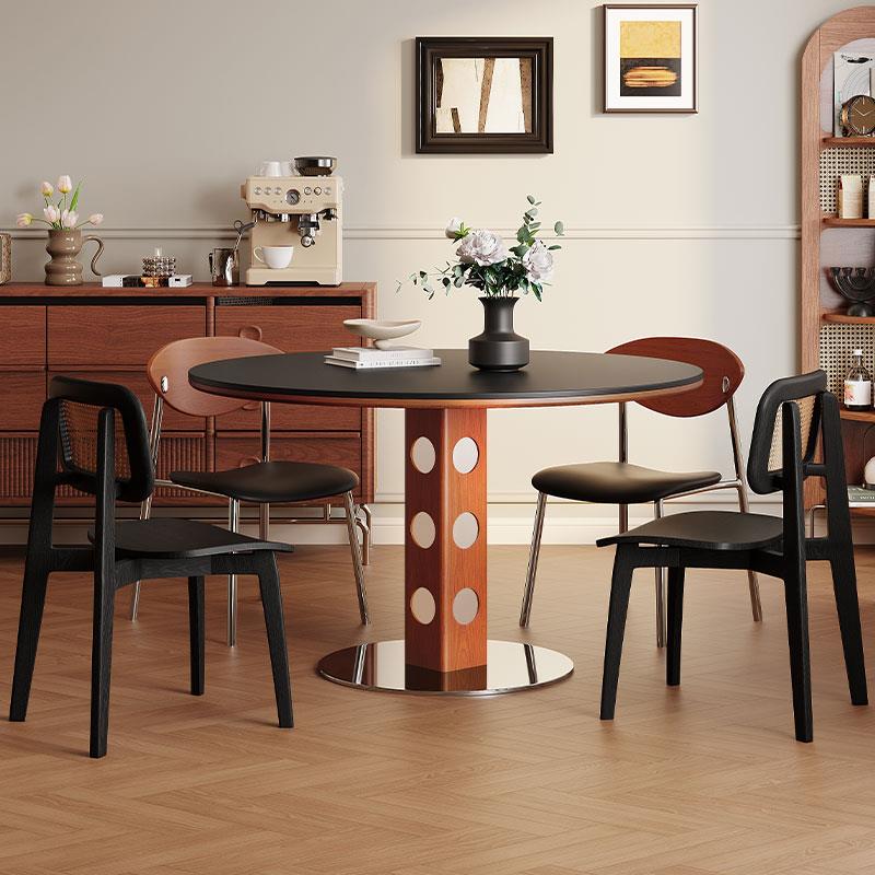 中古风圆桌复古金属腿岩板圆形餐桌家用小户型北欧包豪斯实木餐桌