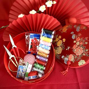 结婚庆陪嫁妆复古家用品缝纫针线包送龙凤金剪刀 超大号针线盒套装