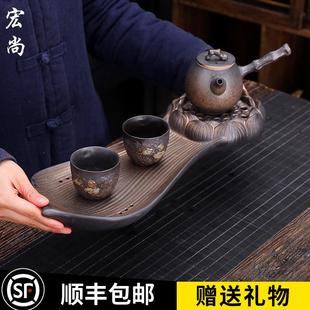 鎏金粗陶茶盘壶承蓄水茶海茶具家用茶承壶垫托盘茶台干泡台 中式