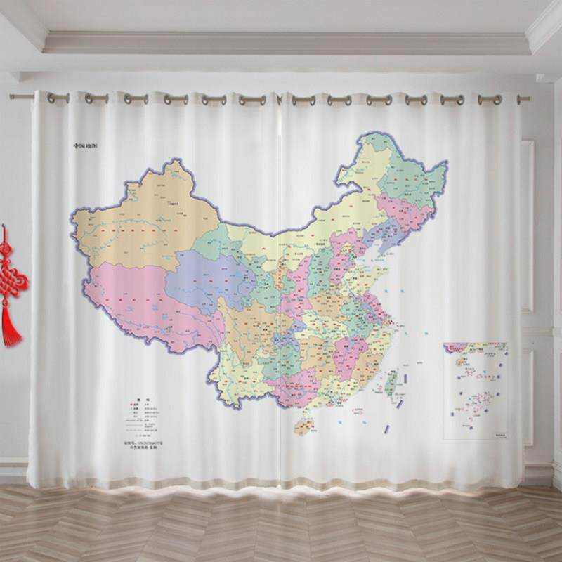 中国地图定制窗帘图案世界英文版高清高端大气客厅卧室背景布帘新