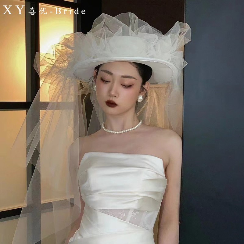 新娘高级感抓纱蓬蓬法式帽纱头纱薄透森系婚纱拍照影Z楼头饰硬网