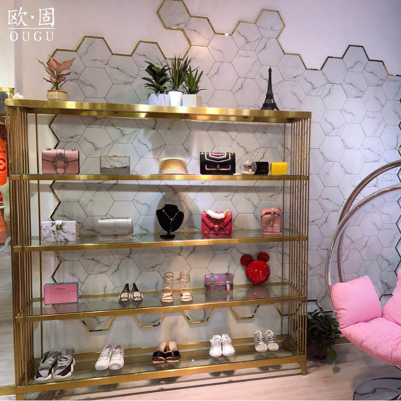 服装店展示架男女装店高档金色不锈钢鞋帽包包架子落地饰品陈列架