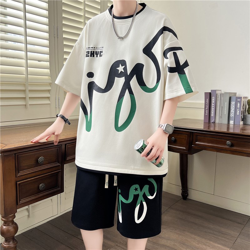 青少年一套搭配帅气加肥加大码短袖t恤男夏季宽松休闲运动套装男