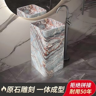卫生间洗脸 天然大理石洗手盆家用酒店轻奢方形立柱盆一体落T地式
